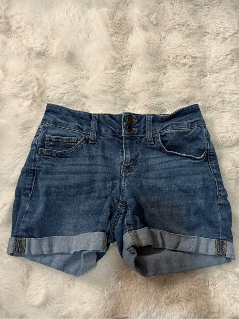 SO Double-Button Cuffed Denim Midi Shorts